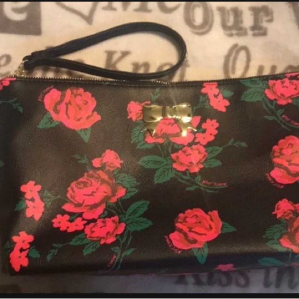 Betsey Johnson Black Clutch with Pink Floral and Gold Bow